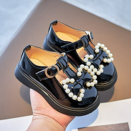 

ANXINDAXZ Spring Autumn Girls Leather Shoes with Bow-knot Pearls Beading Princess Sweet Cute Soft Comfortable Children Flats Kids Shoes