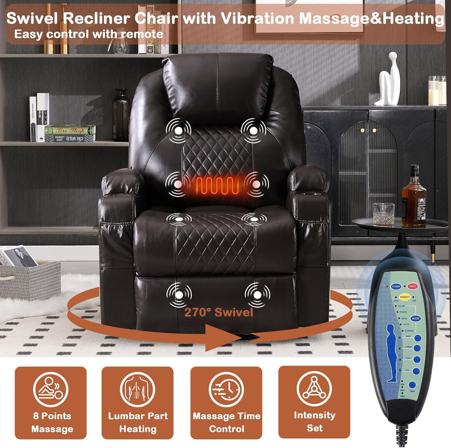 QJTC Power Rocker Recliner Chair with Heat and Massage, 240° Swivel Recliner Chair with Cup Holder/LED Lights/USB Ports, Brown