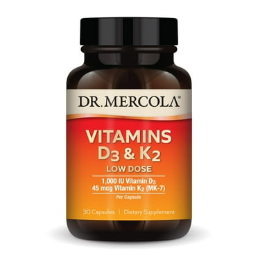 Dr. Mercola Vitamins D3 & K2 Low Dose, 30 Servings (30 Capsules), 1,000 IU Vitamin D3 & 45 mcg Vitamin K2 (MK-7) Per Capsule, Dietary Supplement, Supports Healthy Immune Function, Non-GMO