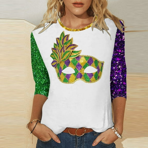 Babysbule Women's New Arrivals Shirts Women's Fashion And Leisure Carnival Graphic Printed Round Neck Cropped 3/4 Sleeve Top