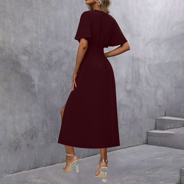 boho homecoming dresses Burgundy Wine Womens Beach Formal Prom Party Gowns Evening Elegant Sleeve Dresses for Ladies Vneck Maxi Midi Hawaiian Ruched with Slit Dresses S era:2020s