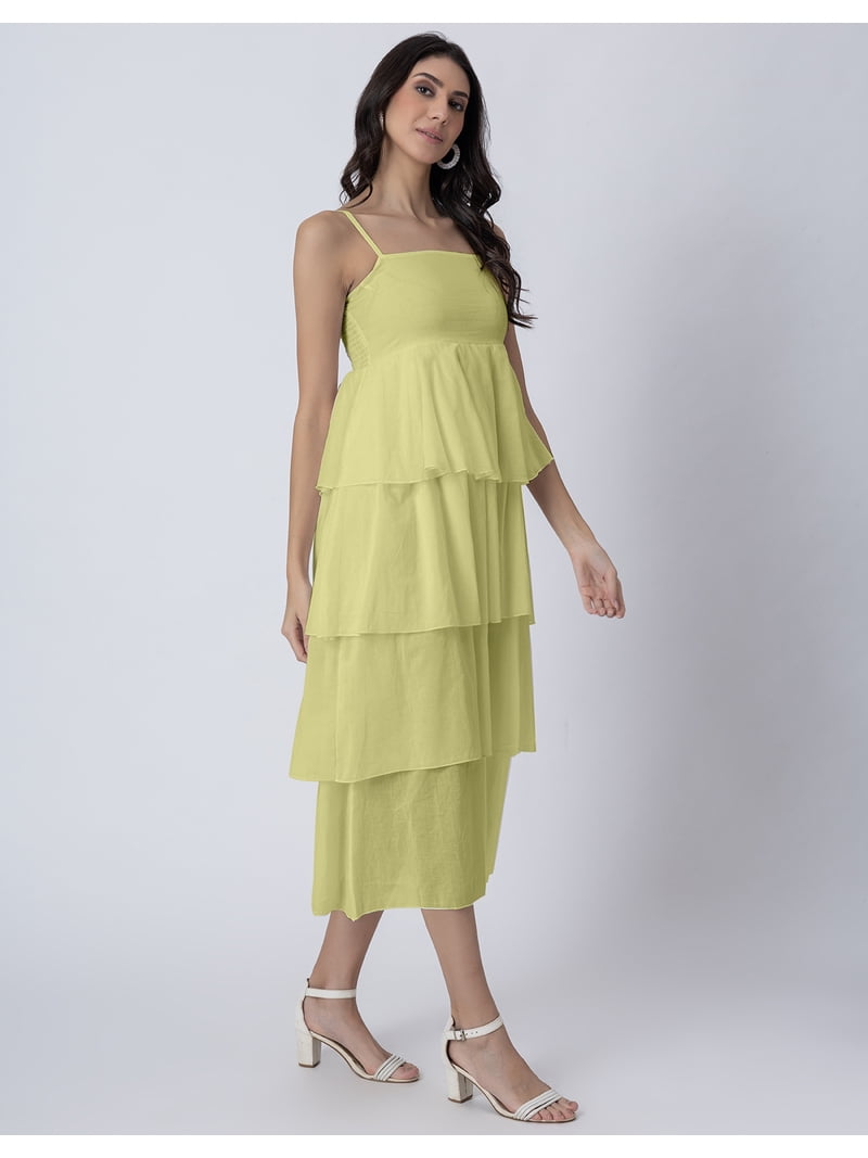 long brunch dress Moomaya Green Cotton Voile Regular Fit Casual Dress