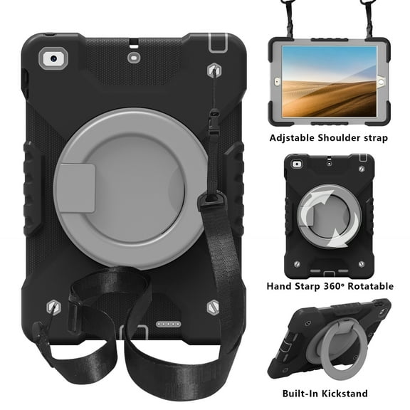 Dteck Case for iPad 9.7" 2018/2017, Heavy Hybrid Rugged Shockproof Case with Handle Kickstand/Adjustable Shoulder Strap for iPad 6th Gen/iPad 5th Gen 9.7",Black Gray