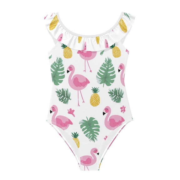 Girls Ruffled One Piece Swimsuit Summer Beach Vacation Swimwear Tank Swimsuit Flamingo and Pineapple Pattern
