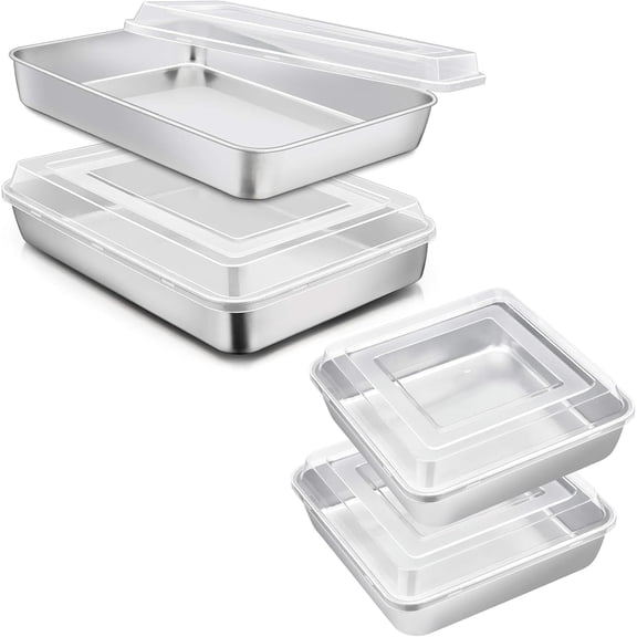 Stainless Steel Baking Pan with Lid, 12® x 9® x 2 Inch Rectangle Sheet Cake Pans Set of 2 and 8 x 8-Inch Square Brownie Baking Pans Set of 2, Heavy Duty & Dishwasher Safe