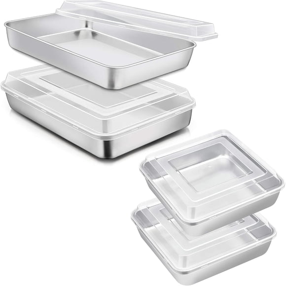 Stainless Steel Baking Pan Set With Lid Rectangle Sheet Cake Square Brownie Pans Heavy Duty Dishwasher Safe 4 Pieces