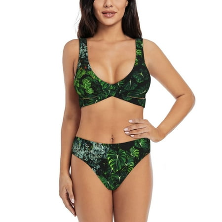 Zeuib Lush Foliage Green Plant High Waisted Tummy Control Bikini Set - Knot Front Push Up Top & Cheeky Thong Bottom  Two-Piece Swimsuit for Women-Large