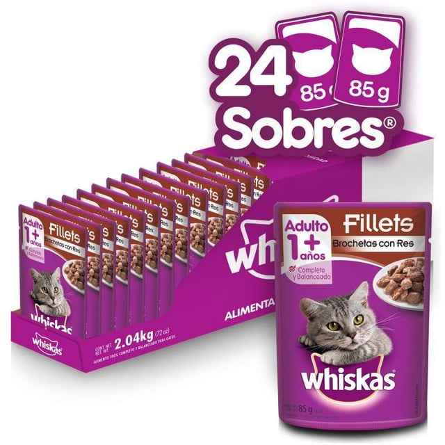 Caja de Alimento Húmedo Pouch Fillets para Gato Adulto Sabor Res WHISKAS 24 sobres de 85 g