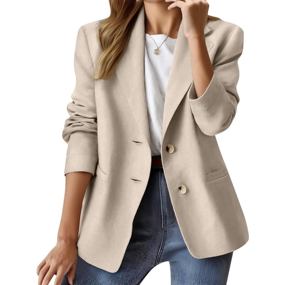 Women's Classic Fit Blazer, Two Button Closure Suit Jacket, Notch Lapel Work Blazer, Long Sleeve Open Front Jacket, Business Casual Blazer, Pocket Detail Blazer, Office Wear Jacket Beige
