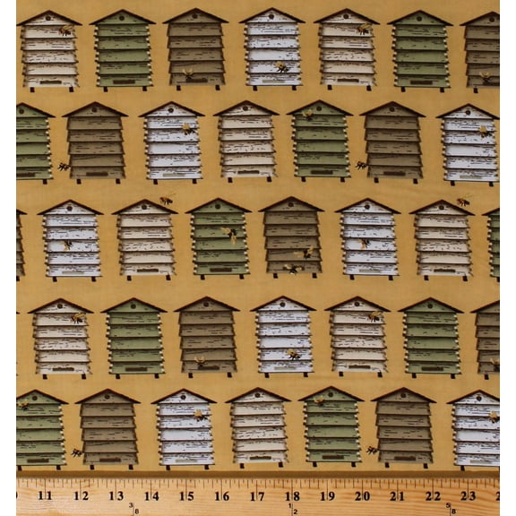 Cotton Beehives Bee Skeps Honeybees Bees Bee A Keeper Beekeepers Country Cotton Fabric Print by the Yard (4786-44)