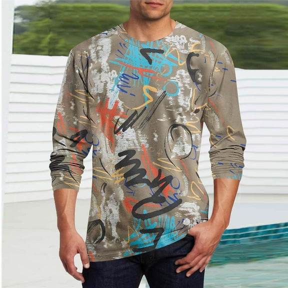 COSFO Casual Men Shirts Graffiti Print Cotton Long Sleeve Tops Loose Workout Crew Neck Pullover Graphic Tees