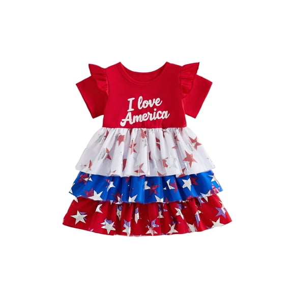 Toddler Baby Girl 4th of July Dress Outfit Patriot Independence Day Dress I Love American Letters Short Sleeve Doll Collar Red White Blue Star Striped Print Bow Layered Summer Holiday Party Dress