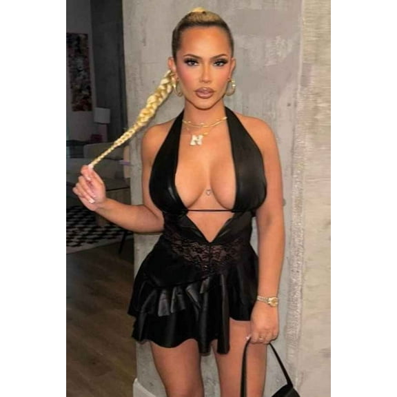 Sexy Halter Neck Deep-V PU Leather Backless Mini Dress (S, Black)