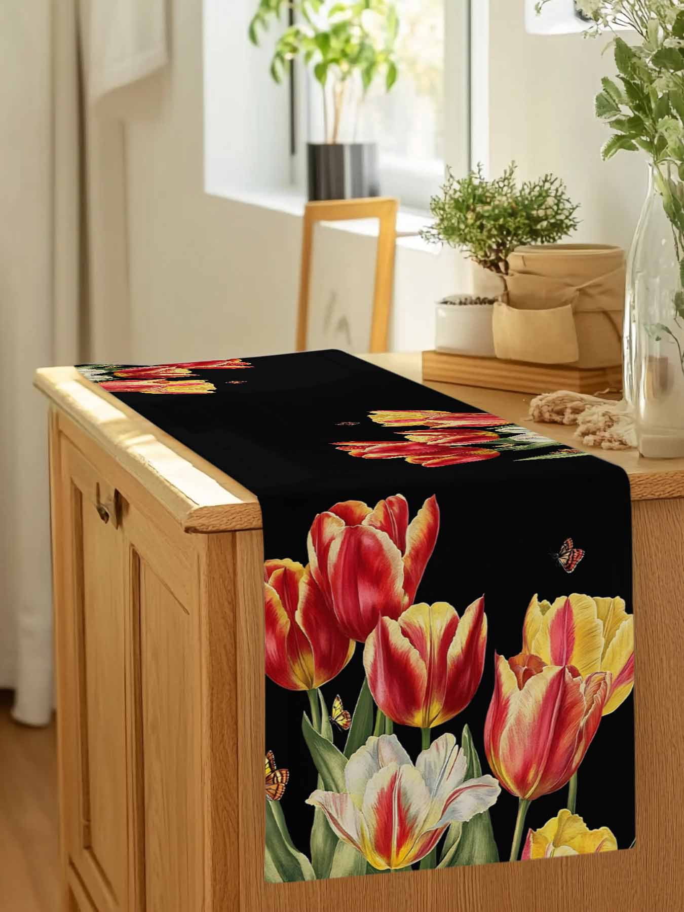 Colorful Tulip Flower on Black Table Runner 90 Inches Long, Watercolor Floral Butterfly Table Runners Tabletop Scarf Kitchen Dining Tables Decoration for Home Party Indoor Outdoor