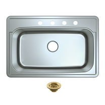 Kingston Brass Studio KGKTS3322907 33" Stainless Steel Self-Rimming Single Bowl Bar Sink with 4-Hole Drain and Strainer, Stainless Steel/Brushed Brass