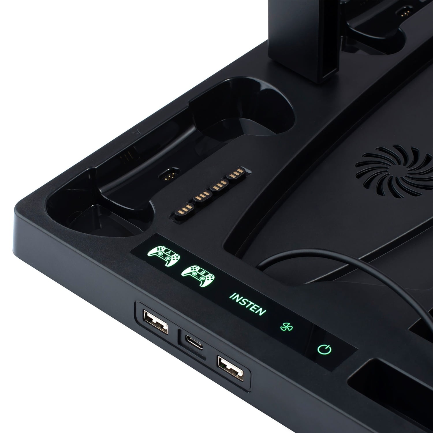 For PS5 Stand and Cooling Station with Dual Controller Charging Dock Charger, Cooling Fan, Headphone Holder, Video Game Storage, USB Hub