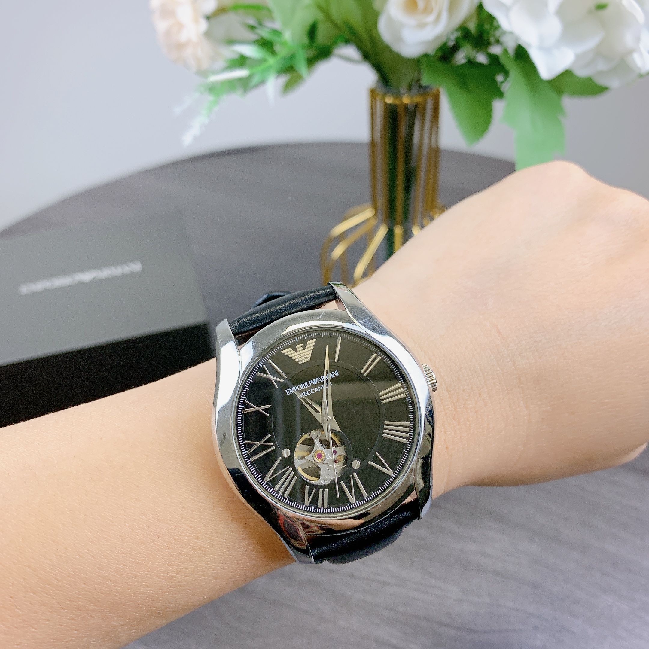 Emporio Armani Automatic Black Dial Black Leather Men display picture 1