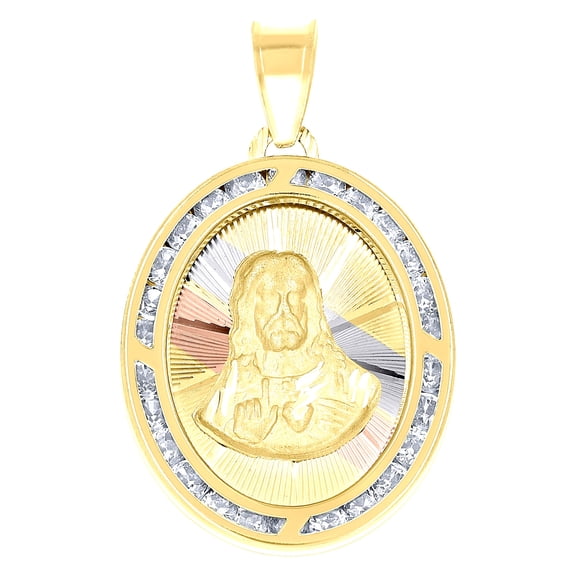 14k Tri-color Gold Unisex Cz Religious Oval Charm Pendant for Men Women