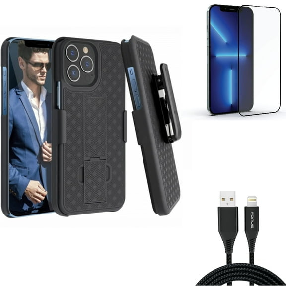 Screen Protector & 10ft USB Cable & Case Belt Clip for iPhone 13 Pro Max ONLY - Anti-Glare Tempered Glass Matte   Charger Cord Power Wire   Holster Swivel Cover Combo