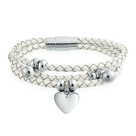 Triple Strand Leather - Dangle Heart Charm White Braided Leather Triple Strand Steel Bracelet