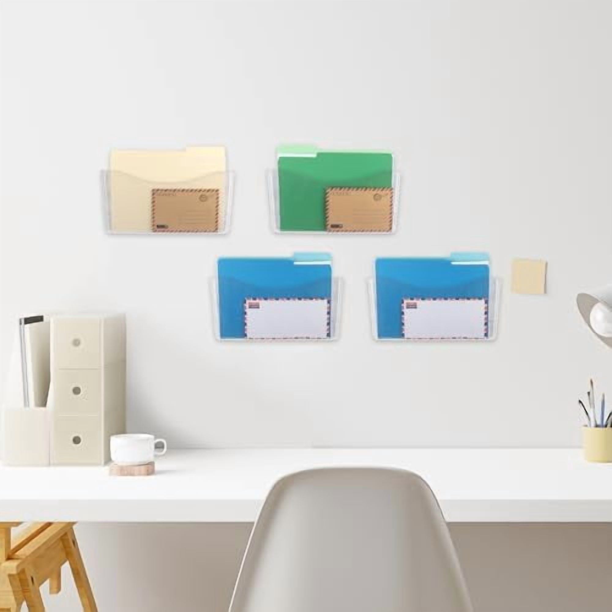 4 Pack Clear Single Pocket Hanging File Organizer, Plastic Wall Mount Paper Mails Magazines Holder, Mounted Folder Bins for Office, School and Home, 13.85x3.14x6.88 inches