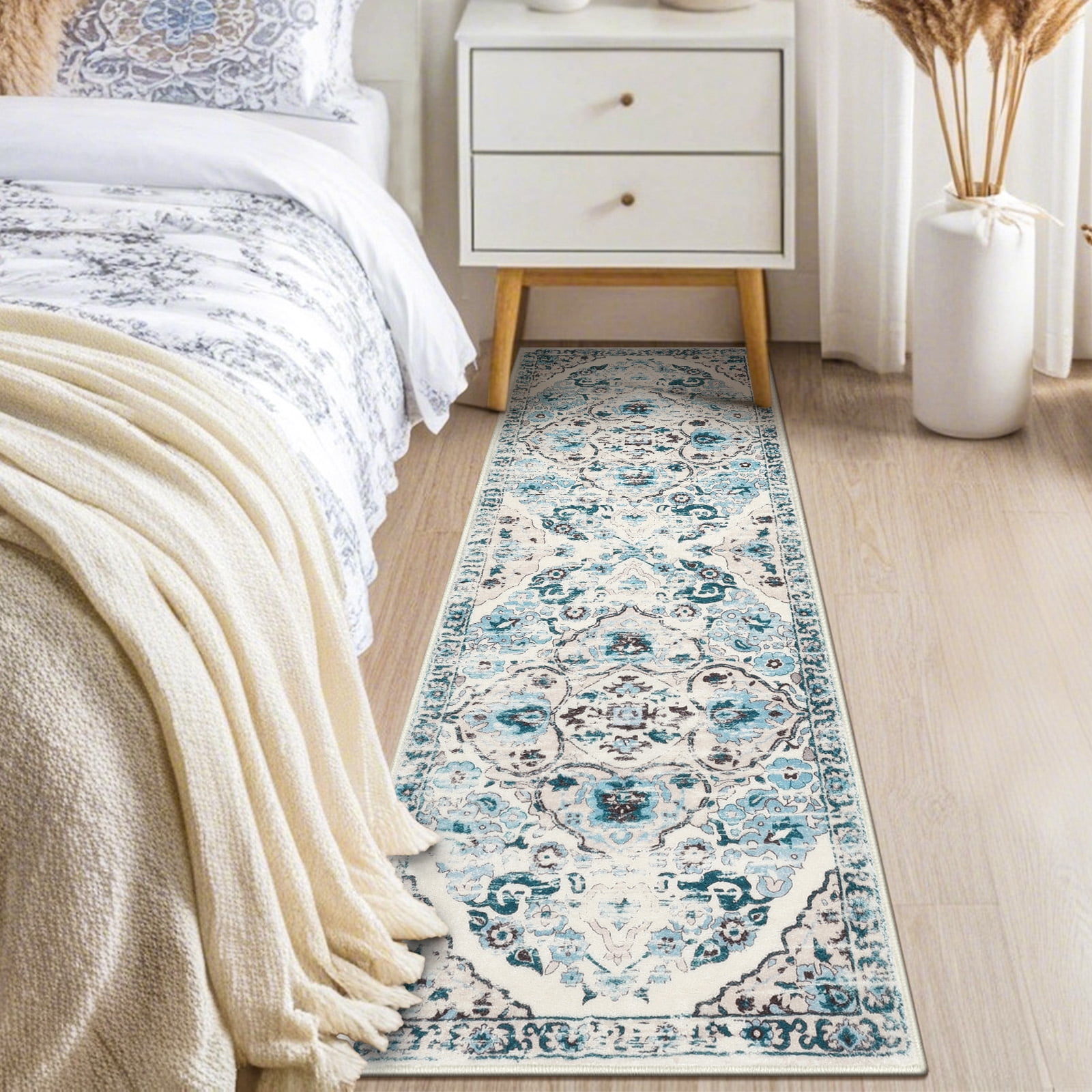 MeyJey 2'x6' Boho Runner Rug for Hallway, Non Slip Machine Washable Rug Distressed Vintage Floor Carpet for Bedroom Kitchen Laundry Room, Blue/Beige