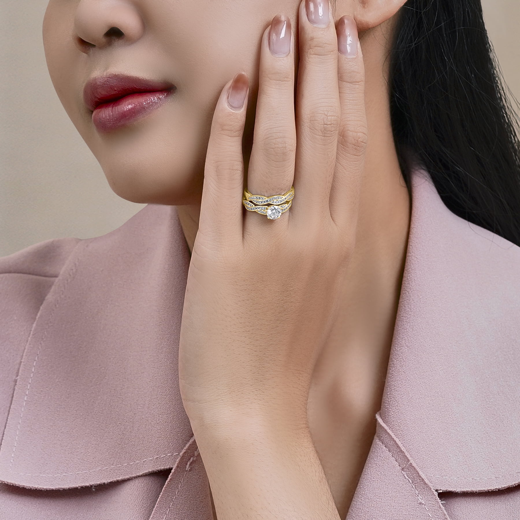 JeenMata 1.25 Carat Round Cut Moissanite Wedding Set - Bridal Set - Infinity Ring - Forever Ring - Promise Ring - 18k Yellow Gold Plated for Women
