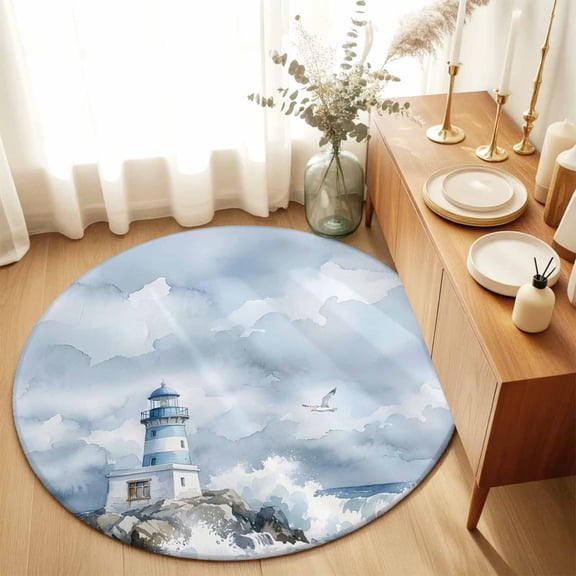 Round Rugs 3Ft, Coastal Lighthouse Round Area Rug Washable Indoor Throw Carpet, Summer Ocean Nautical Sea Waves Blue Small Non Slip Circle Rug for Bedroom Living Room Home Decor Aesthetic