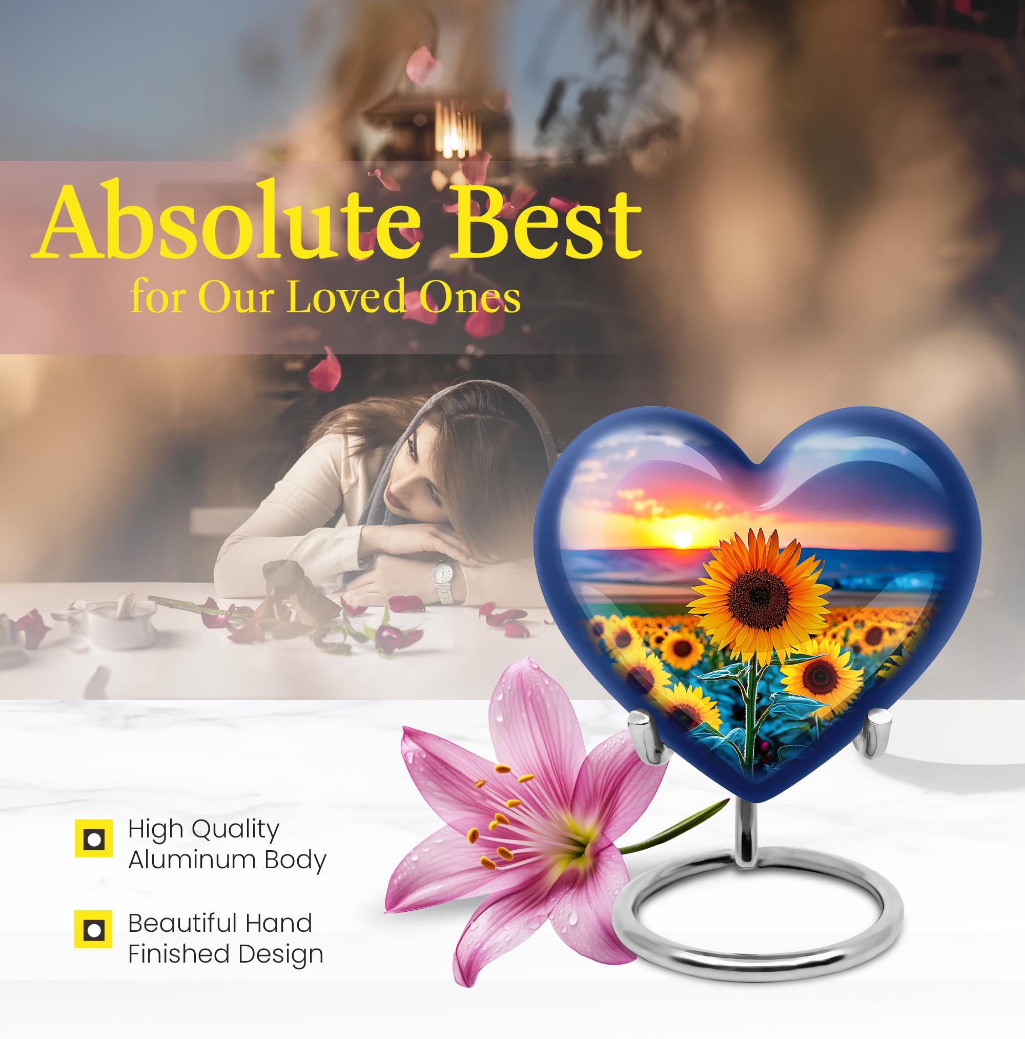 SABURIAL Sunflower Urn - Cremation Keepsake Urn For Human Ashes Adult - Combo Of 8 Inch & 3 Inch - Small Burial Urns For Women
