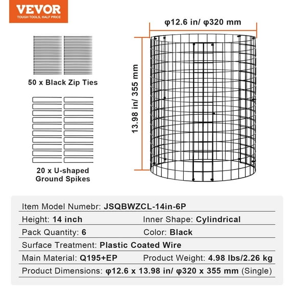 6-Pack Metal Plant Cages, 12.6'' Dia x 14'' H - Garden Protection from Animals, Sturdy Wire Mesh