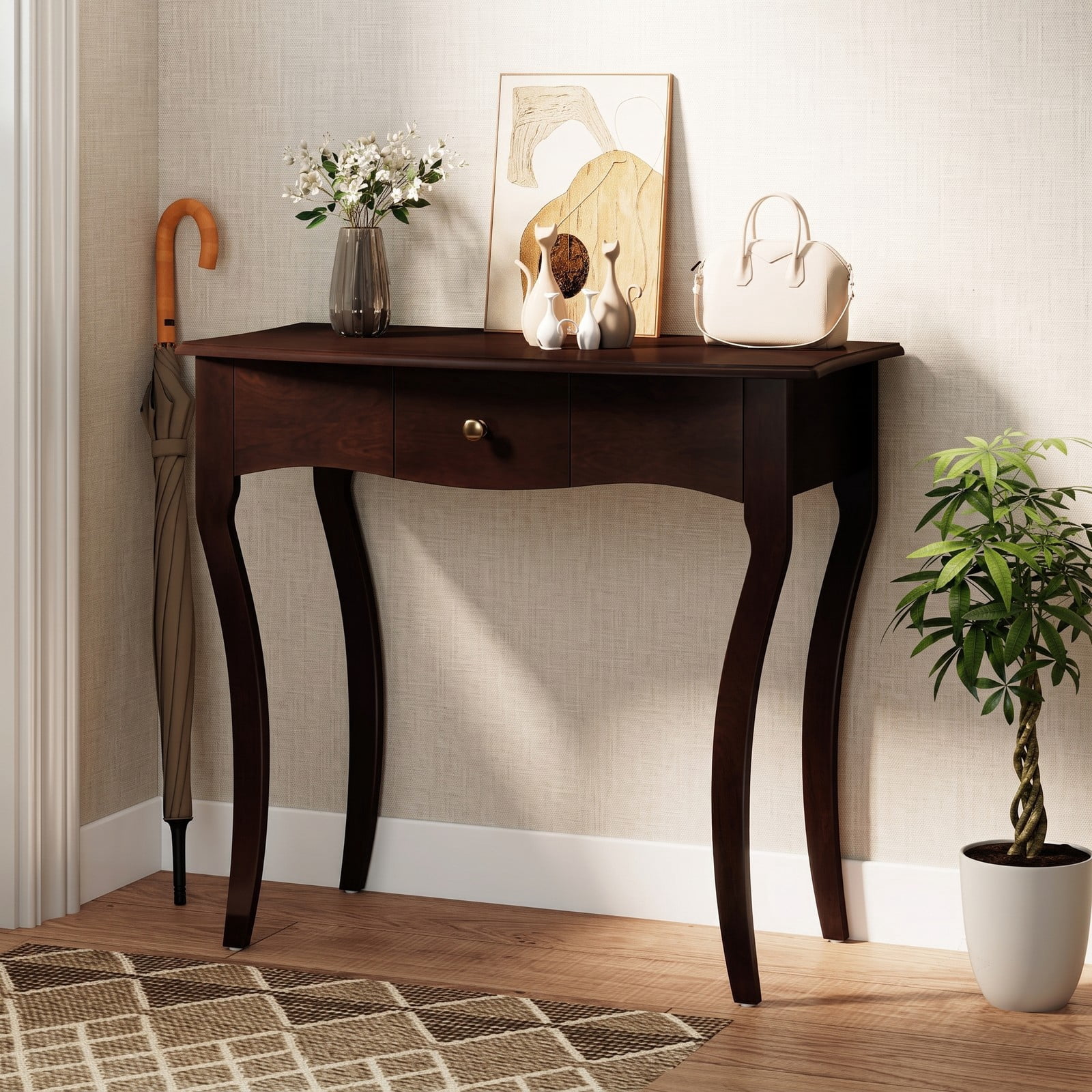 Furnibear Console Table with Storage Drawer and Solid Wood Frame and Curved Cabriole Legs for Entryway and Hallway, Espresso