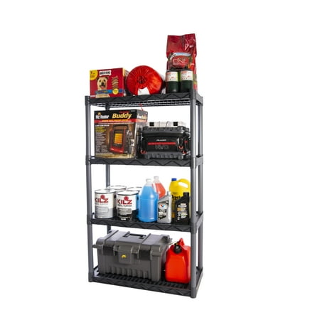 Plano 33.25" L x 14.25" W x 57.35" H 4-Shelf Heavy Duty Plastic Storage Unit, Dark Gray, 500 LB Capacity