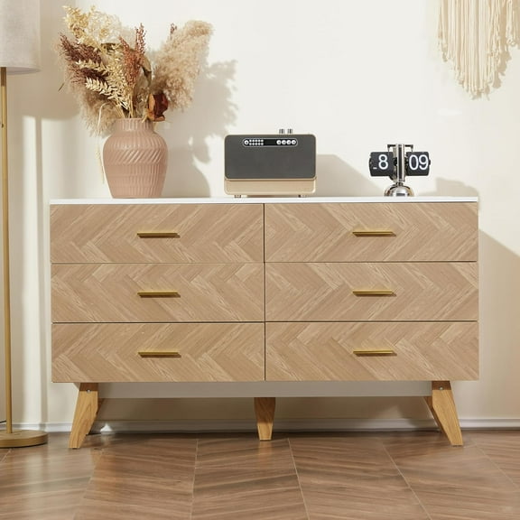 DHMAKER 6 Drawer Dresser for Bedroom, 48" Mid Century Modern Dresser with Metal Handle, Wide Wood Chest of Drawers for Bedroom, Living Room, Hallway, Oak