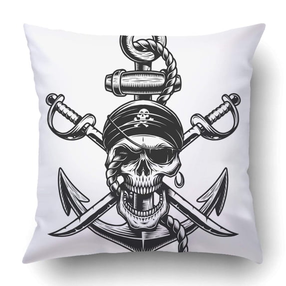 WOPOP Pirate skull emblem with swords anchor and rope Pillowcase Throw Pillow Cover Case 16x16 inches