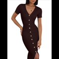 thumbnail image 3 of Vestido Midi Informal de Punto Acanalado, Cuello en V y Corta para Mujer, Otoño 2025, Ajustado, para Invierno Marrón M, 3 of 8