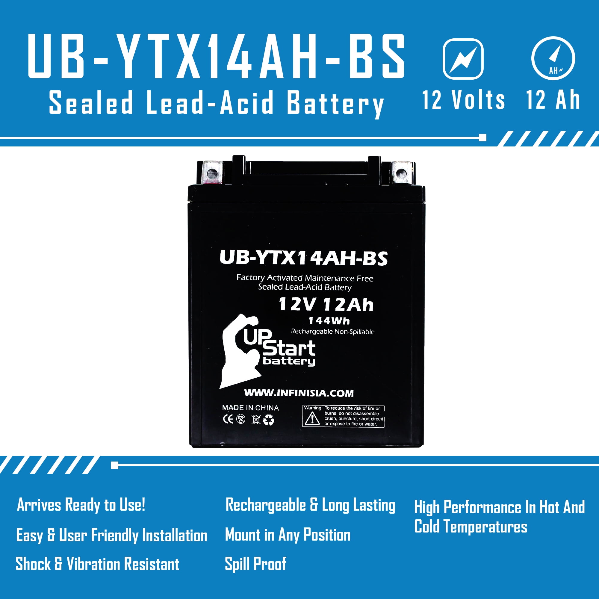 UB-YTX14AH-BS Battery Replacement for 1987 Yamaha YFM225 Moto 4 225 CC ATV - Factory Activated, Maintenance Free, Motorcycle Battery - 12V, 12AH, UpStart Battery Brand