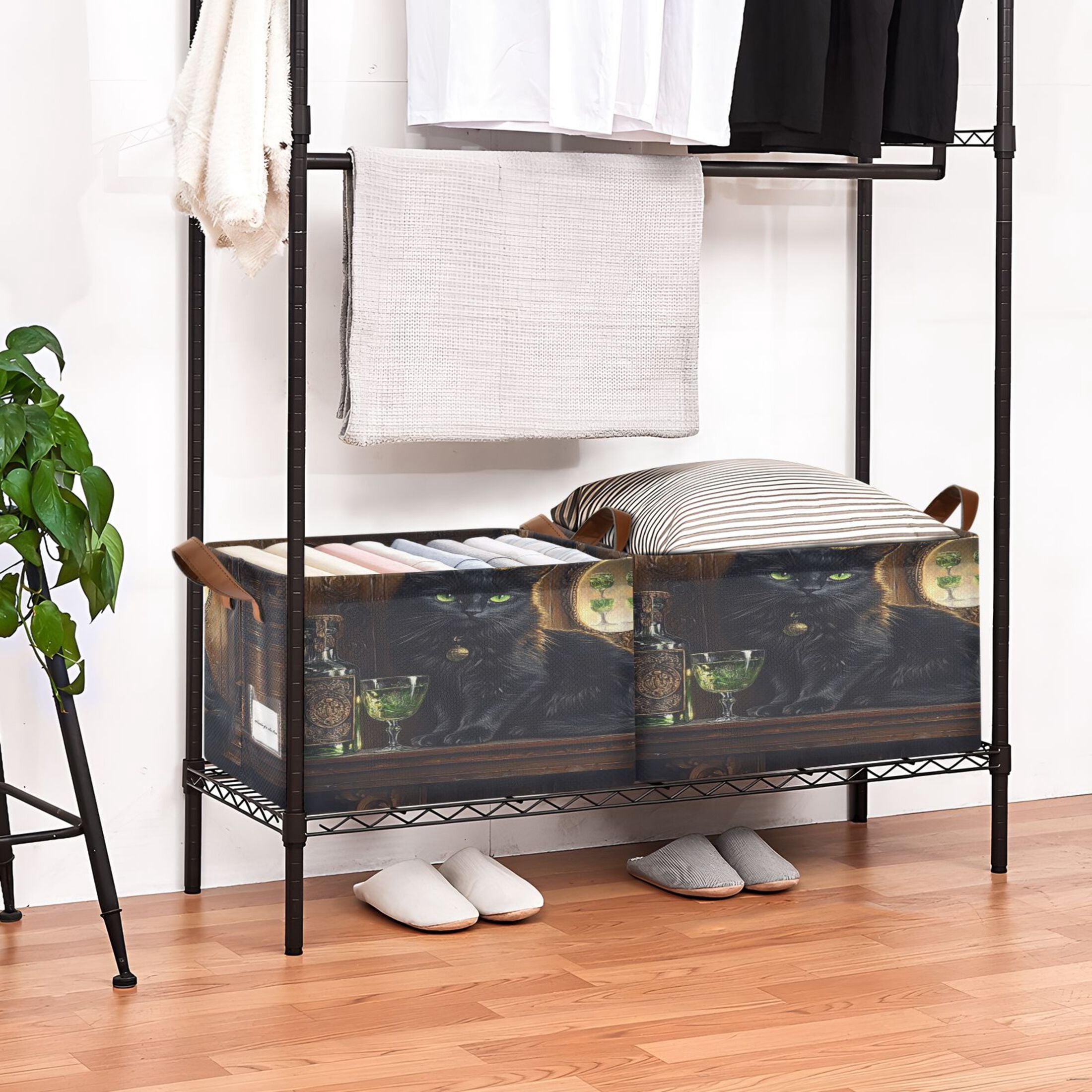 WOBOGO Black Cat with Absinthe Storage Basket 16.9×11.4×10in Collapsible Oversized with Metal Iron Frame Set of 1