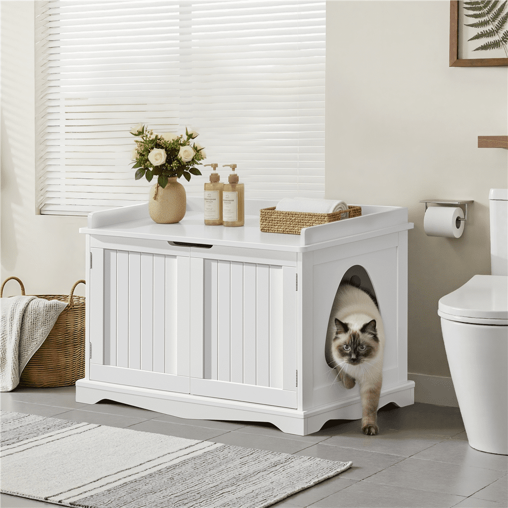 Renwick Wooden Cat Litter Box Furniture with Door, White