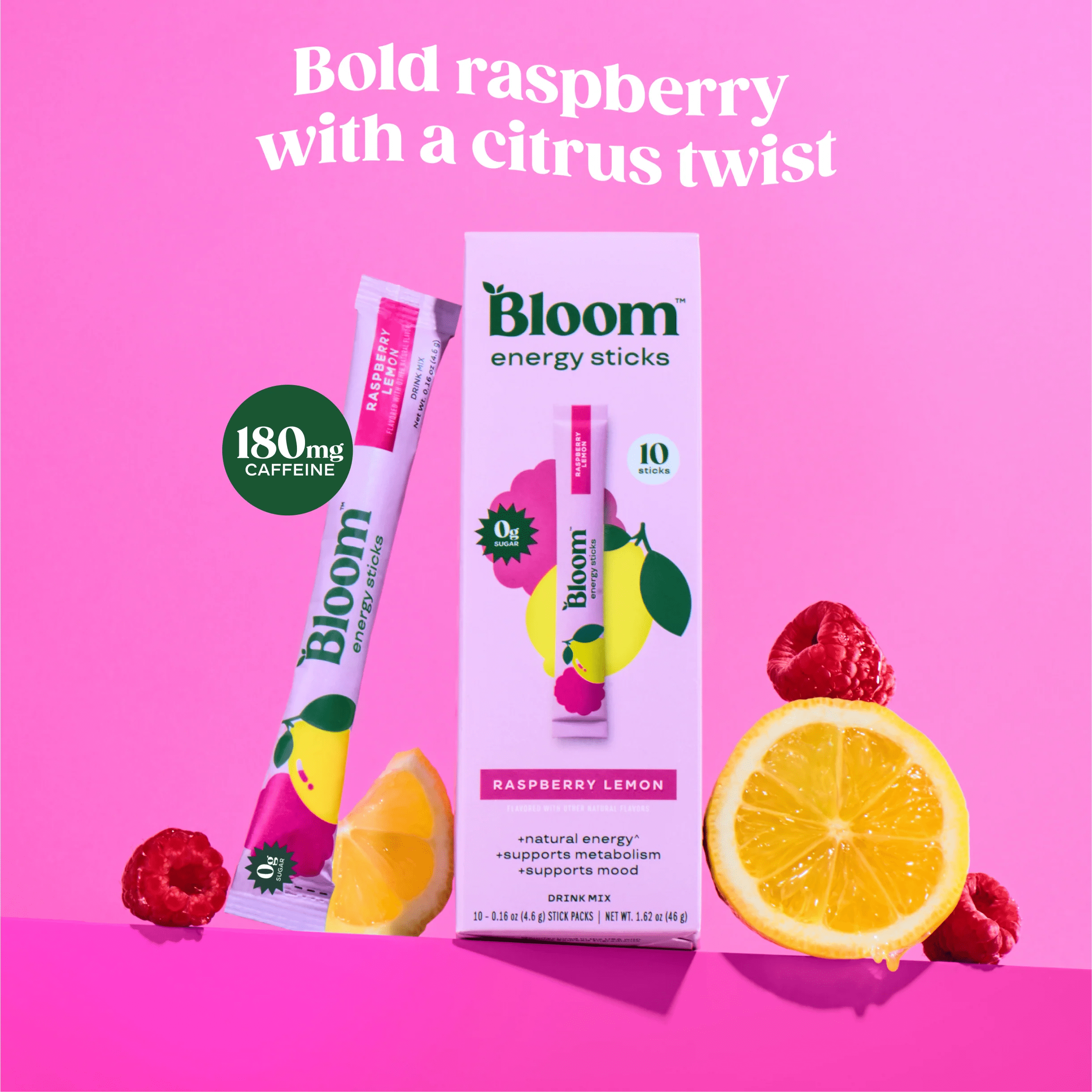 Bloom Nutrition Energy Powder Drink Mix, Sugar Free, Raspberry Lemon, 10 Count