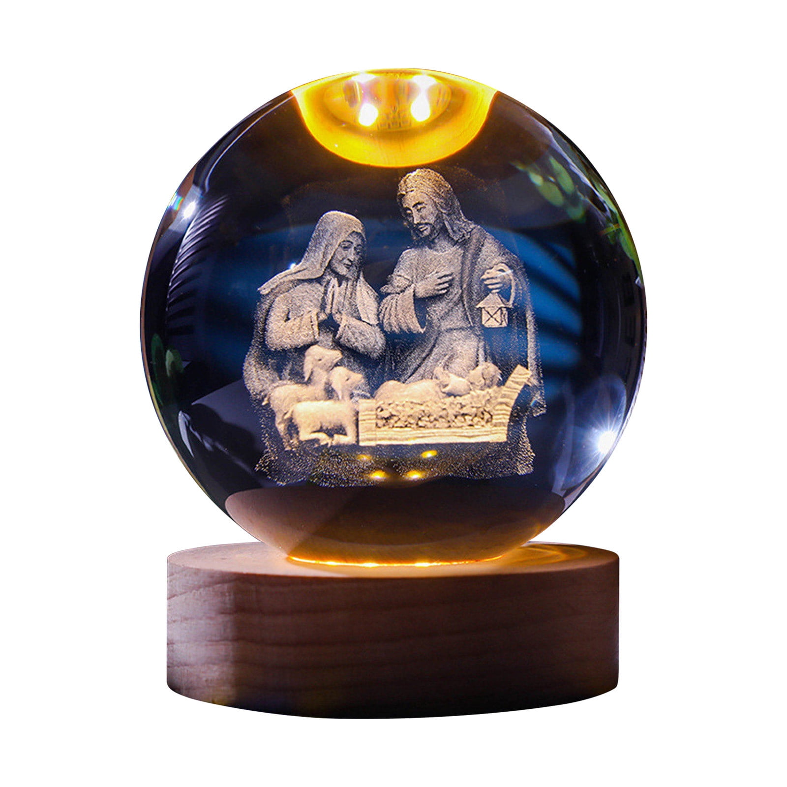 BGZLEU Holy Crystal Ball, Glowing Crystal Ball Night Light, 3D Crystal Praying Hands with Jesus Cross Statue, 3D Holy Figurine with Wooden Base Easter Christmas Religious Gifts for Home Decor