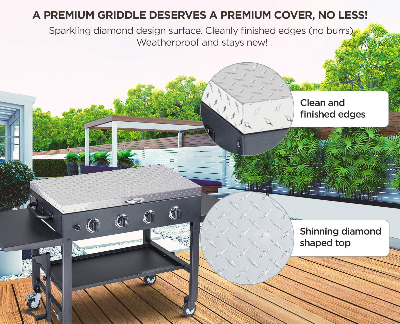Griddle Cover 36" works for Blackstone Griddle 36 inch Waterproof Diamond Plated Lightweight Aluminum Hard Top Grill Lid with Stainless Steel Handle for Outdoor BBQ Hood Black Stone Grille