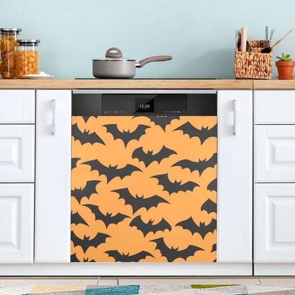 Dishwasher Magnet Cover Magnetic Fridge Door Cover Home Kitchen Decor Bats on Orange 23"x 26"