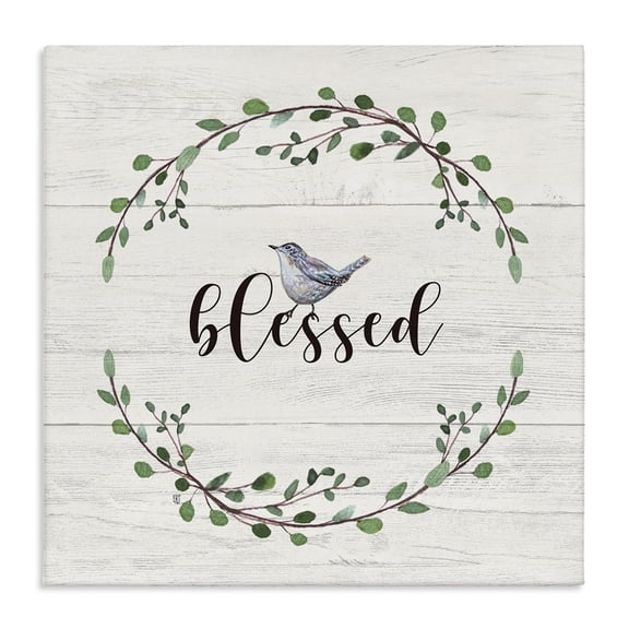 Stupell Industries Rustic Lodge Blessed Phrase Bird and Wreath Canvas Art, 24 x 24, by Elizabeth Tyndall