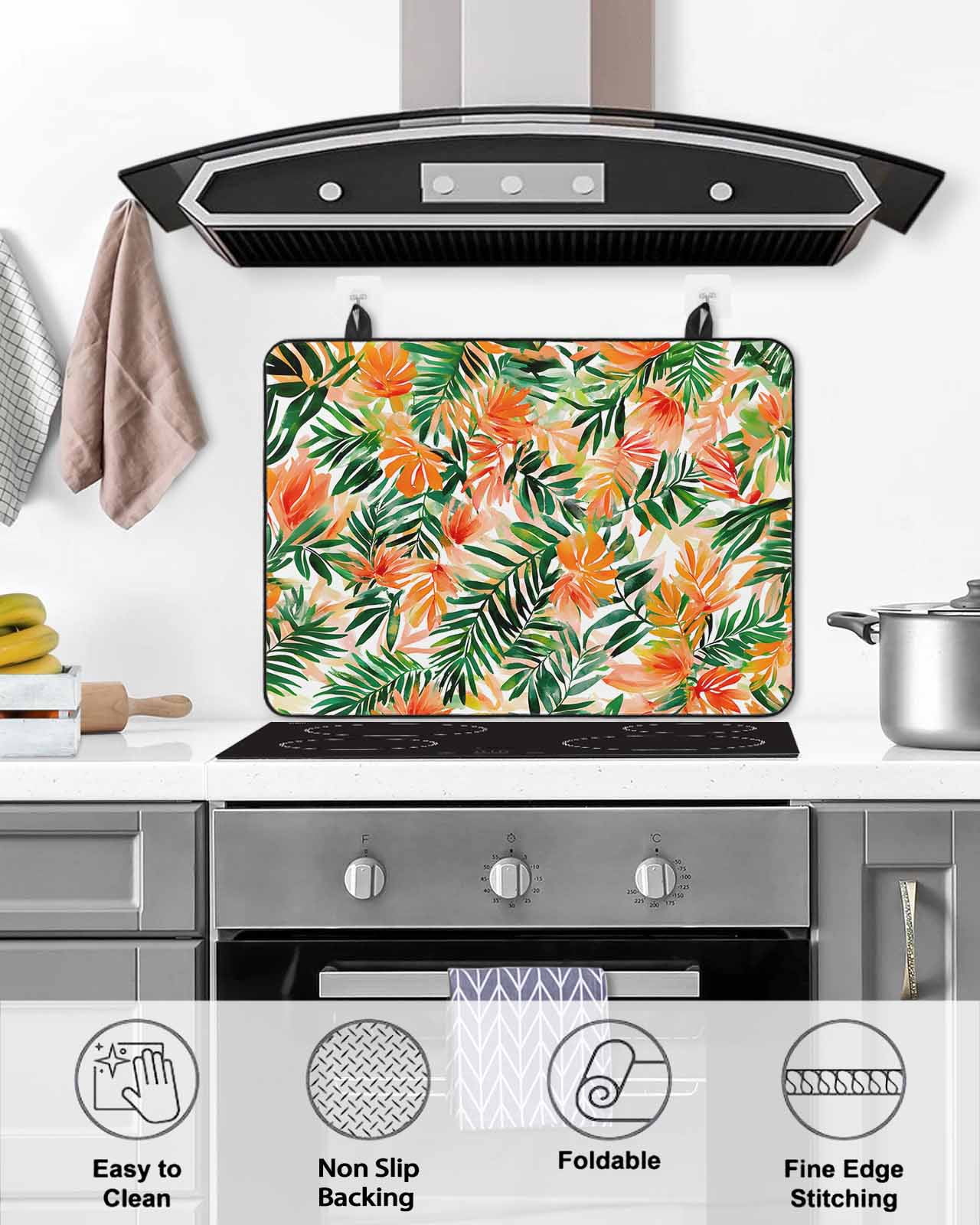 nqOlkjepod Large Induction Cooktop Protector Mat 36"x21", Orange Green Tropical Leaves Stove Top Covers for Electric Stove, Summer Palm Floral Stove Burner Cover Mats, Glass Top Stove Cover