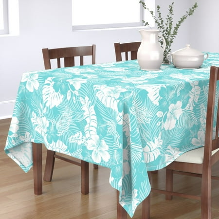 

Cotton Sateen Tablecloth 70 x 90 - Aqua Blue Tropical Floral Hibiscus Palm Banana Leaves Tiki Print Custom Table Linens by Spoonflower