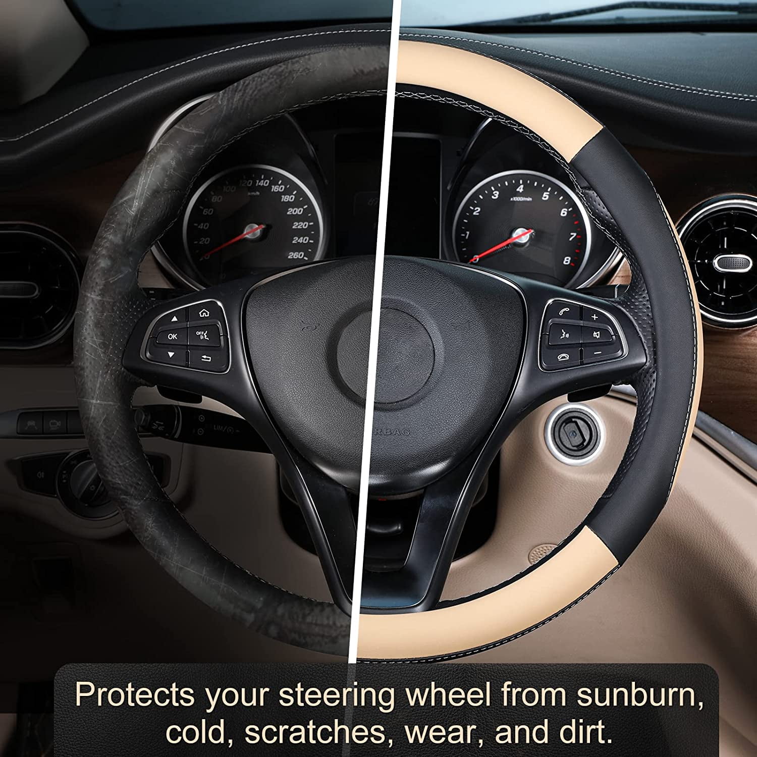 SEG Direct Car Steering Wheel Cover for All Standard-Size Steering Wheels with 14 1/2 inches - 15 inches Outer Diameter, Beige Microfiber Leather