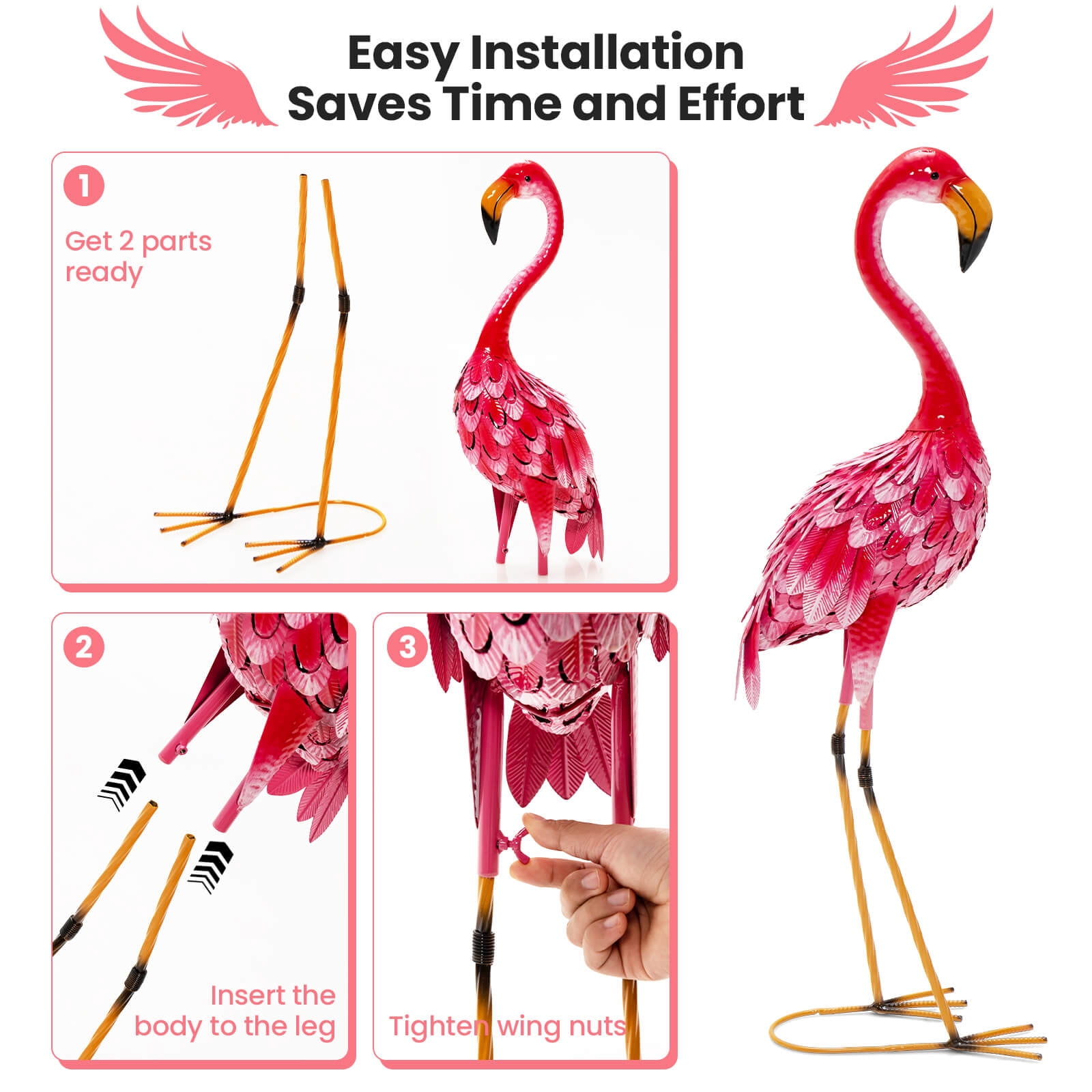 2-Piece Flamingo Garden Statue Set, Rustproof Metal Lawn Ornaments with U-Shaped Stakes, Realistic Standing Flamingo Yard Art Decor for Backyard Patio Lakeside Front Gate