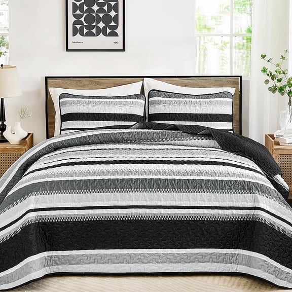Full Quilt Bedding Set, 3 Pieces Black Striped Bedspread Coverlet Set, Lightweight Summer Quilts Full Size for Bed 90"x78"