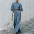 thumbnail image 2 of Womens Casual Two Piece Outfit High Neck Puff Sleeve Crop Top High Waist Wide Leg Pants Textured Casual Set Sky Blue XL(XL), 2 of 8