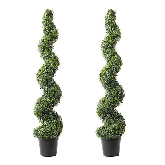 Artificial Boxwood Topiary Trees 2 Pack 5ft, UV Resistant Faux Plants for Indoor Outdoor Decor, Evergreen Spiral Trees with Pot Base